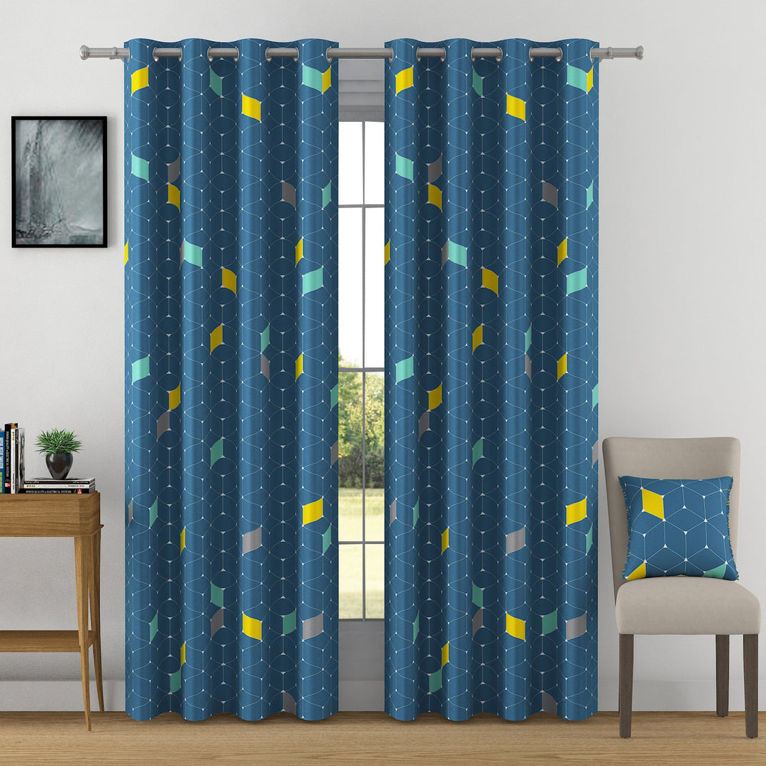 Geometric Elegance - 330GSM 90% Blackout Teal Blue and Multicolour Abstract Polyester-Knitted
Curtain