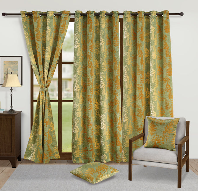 Olive Grove Curtain, Ethnic Motif Curtain, Leaves Print Curtain, 240GSM Polyester Curtain, 80% Blackout Curtain, Olive Green Curtain, Traditional Floral Curtain, Shrinkage Free Curtain, Fadeproof Curtain, Ready-to-Use Curtain, Swayam Curtains
