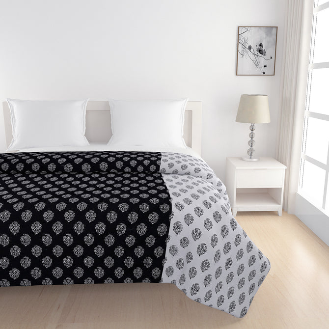 Black and white bedsheet, 200TC cotton set, ethnic buti print bedding, mix and match bedspread, classic cotton sheets, off-white ethnic pattern, complementary duo bed linens, small pattern bedroom design, modern traditional bed decor, artisanal print bed set, chic cotton comfort, sophisticated home textiles.