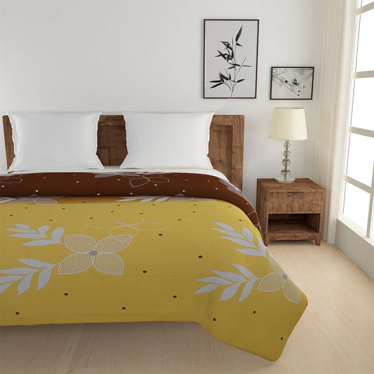 sublime morning bedding, 250TC cotton satin sheets, leafy floral bedspread, yellow and brown bedding set, luxurious cotton satin bed linen, earthy morning design, yellow and brown bedding, serene sunrise bedspread, natural look bedding, high-quality cotton satin bedding, nature-inspired bed linen, stylish bedroom design, elegant bed linen set