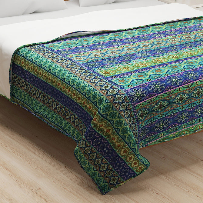 Bohemian cotton bedsheet, Exotic pattern bedding, Jewel-tone bedroom decor, Intricate design bedsheets, Luxury boho bed linen, Artistic cotton bedspread, Vibrant blue green bedsheet, Traditional motif bed cover, Rich patterned textile, Eclectic bedroom style, Ornamental bed decor, Indigo and emerald bedding, Old-world charm bedsheet, Mystical bedroom design, Bohemian sanctuary linen