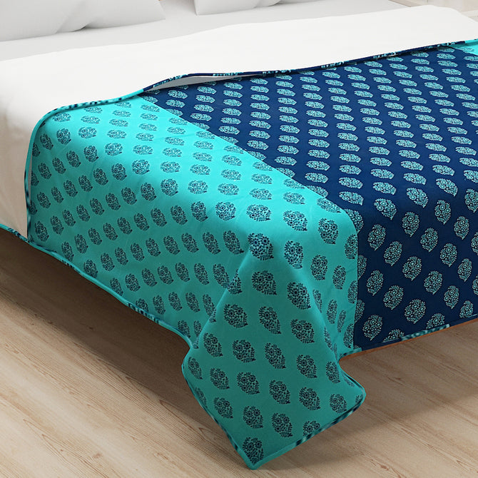 Buti print bedsheet set, 200TC cotton bedding, ethnic motif sheets, blue and teal bed linen, deep blue cotton comfort, Indian geometric bedspread, traditional Desi bedroom, artisanal pattern duvet cover, cultural design textiles, quality cotton sleep, serene bedroom palette, geometric booti print