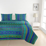 Bohemian cotton bedsheet, Exotic pattern bedding, Jewel-tone bedroom decor, Intricate design bedsheets, Luxury boho bed linen, Artistic cotton bedspread, Vibrant blue green bedsheet, Traditional motif bed cover, Rich patterned textile, Eclectic bedroom style, Ornamental bed decor, Indigo and emerald bedding, Old-world charm bedsheet, Mystical bedroom design, Bohemian sanctuary linen