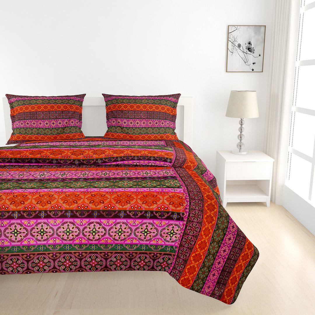 Ethnic cotton bedsheet, 200 thread count, vibrant bed linen, bohemian bedroom decor, artisanal bedding, mix and match patterns, gemstone hues bedspread, red orange green blue bedding, multicultural design, small print textiles, handcrafted look, pure cotton comfort, bright bedroom aesthetics, eclectic home style.