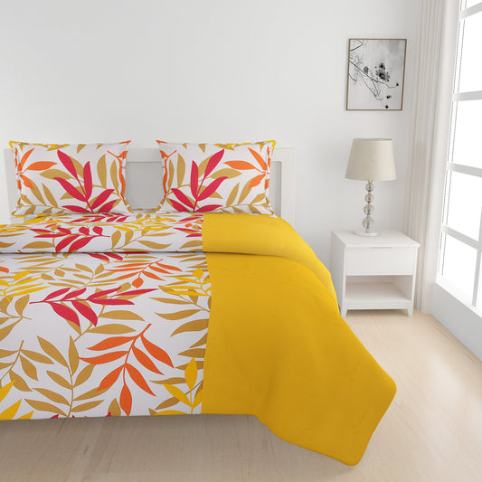 Autumn leaves bedsheet set, 200 thread count cotton sheets, abstract floral bedding, yellow and orange bedroom decor, seasonal pattern bedspread, vibrant cotton bed linens, fall-inspired duvet cover, colorful bedroom textiles, artistic bedding collection, cozy autumnal bed decor