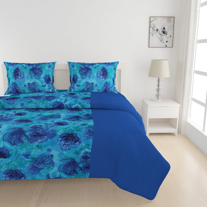 Blue valentine bedsheet set, ocean-themed cotton bedding, 200 thread count luxury sheets, nautical floral bed linens, deep blue bedspread, marine life bedroom decor, elegant floral pattern sheets, romantic bed set, serene ocean bedding, navy blue cotton comfort, underwater botanical design.