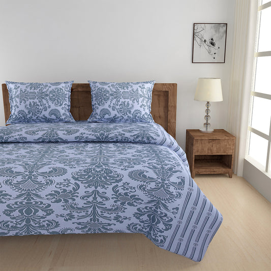 Ethnic motif bedding, 160TC cotton sheets, Luxury blue bedding, Durable cotton bedspread, Soft cotton bed set, Large pattern comforter, Sophisticated bedroom decor, Blue and grey bedding, Contemporary bedroom design, Machine washable cotton set, Stylish bedclothes ensemble, Elegant bedding collection, Bedroom style upgrade, Calm sleeping environment, and Serene bedroom colors come together to create a tranquil and stylish atmosphere for your bedroom.