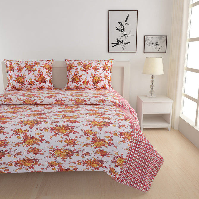 160TC bedding, 100% cotton comfort, vibrant floral print, red floral bedding, yellow accent decor, white cotton sheets, bold bedroom colors, fresh floral design, romantic bedspread, cozy and soft sheets, durable fabric, home decor textiles, bedroom style accents, lively bedroom pattern, cheerful home linen, luxury sleep experience, quality bed linens, statement bedding, botanical bedroom theme, lush floral aesthetic, stylish bed makeover
