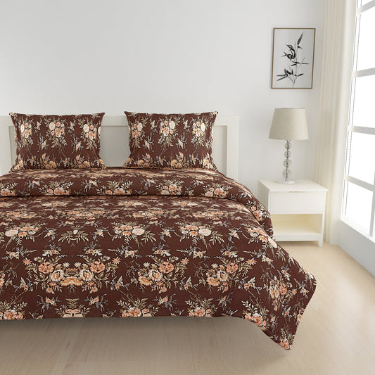 Autumnal Reverie bedding, brown peach blossom bedspread, 160TC floral sheets, dark large pattern duvet cover, 100% cotton bedding set, hypoallergenic floral bedding, luxury comfort cotton, breathable bed linens, durable flower print, botanical bedroom theme, dark warm color palette, seasonal bedroom decor, large floral bedding pattern, comfortable night's sleep, eco-friendly cotton material, soft touch bedding, rich autumn bedroom, chocolate brown bedding, peach flower design, deep earth tones comforter