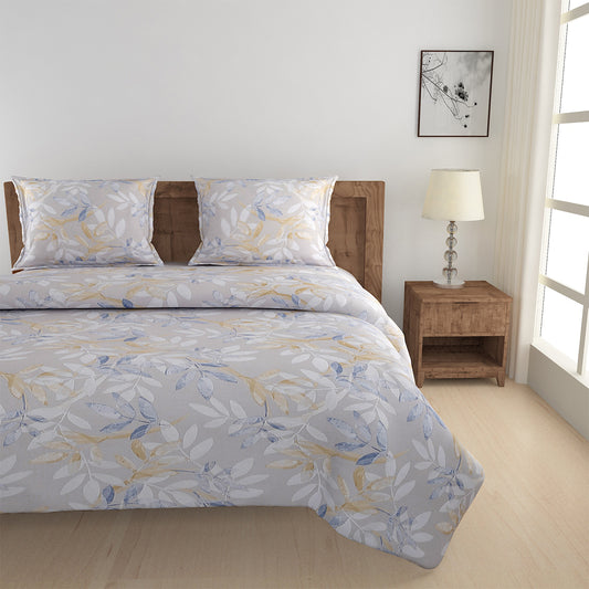 artistic butterfly bedding, 250TC cotton satin sheets, bold floral bedspread, grey and blue bedding set, luxurious cotton satin bed linen, vibrant butterfly design, blue and orange bedding, muted grey floral sheets, contemporary bedroom decor, high-quality cotton satin bedding, artistic motifs bedspread, stylish bedroom design, bold and elegant bed linen