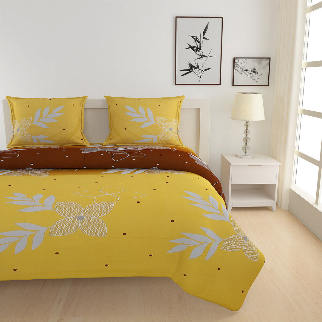 sublime morning bedding, 250TC cotton satin sheets, leafy floral bedspread, yellow and brown bedding set, luxurious cotton satin bed linen, earthy morning design, yellow and brown bedding, serene sunrise bedspread, natural look bedding, high-quality cotton satin bedding, nature-inspired bed linen, stylish bedroom design, elegant bed linen set