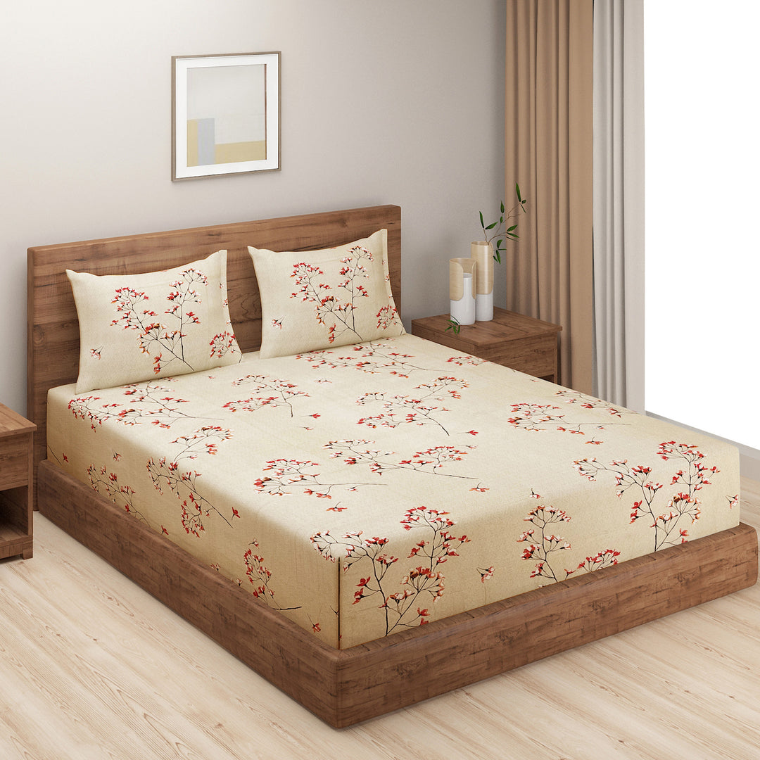 Japanese floral bedsheet, 210TC cotton bedding, traditional blossom design, serene bedroom flowers, Eastern-inspired linens, sophisticated bedspread pattern, peaceful sleep setting, nature-inspired bed decor, cultural home textiles, artistic blossom print, soft cotton comfort, elegant floral bedroom