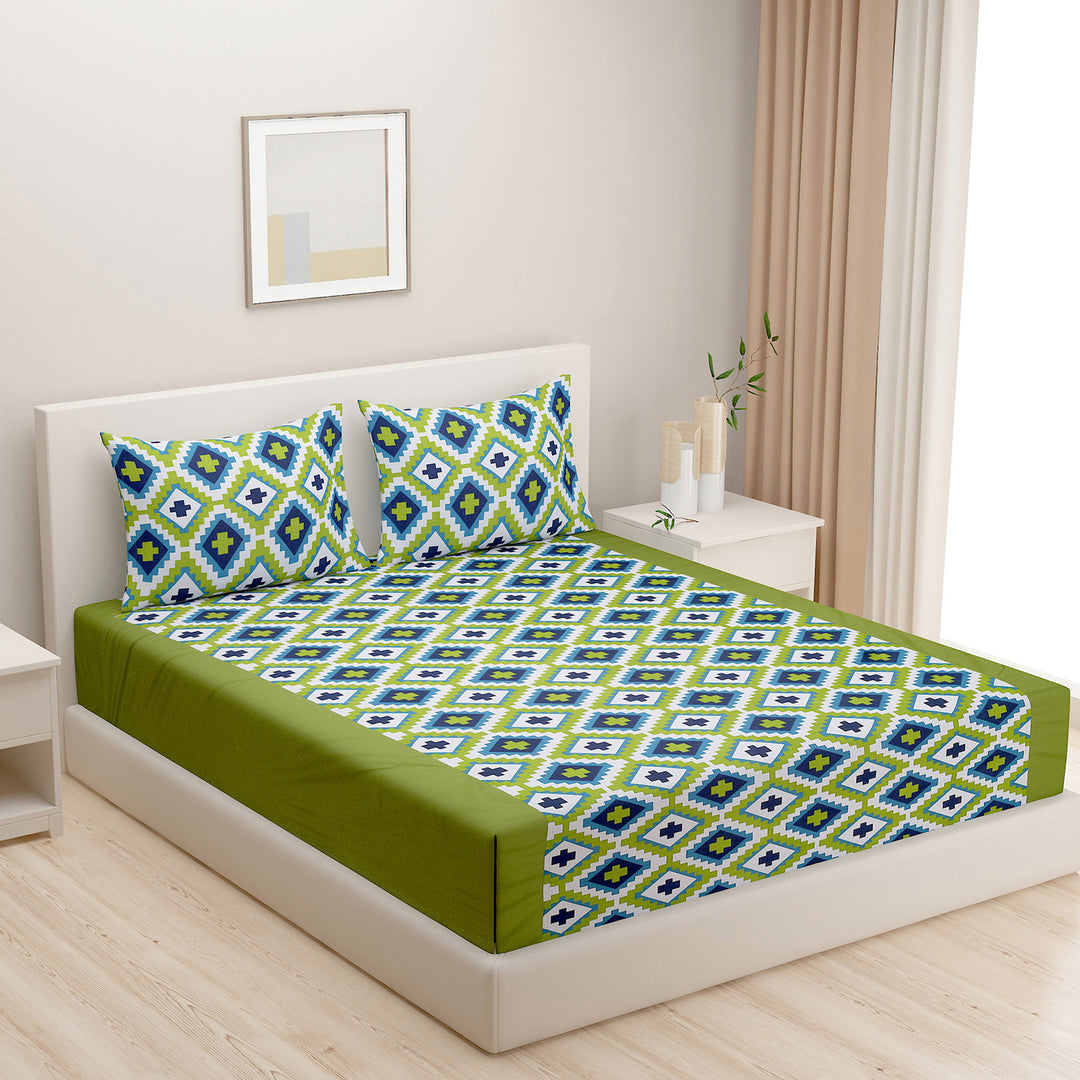 Symmetry in Spring - 200TC Vibrant Green Cotton Bedsheet Set