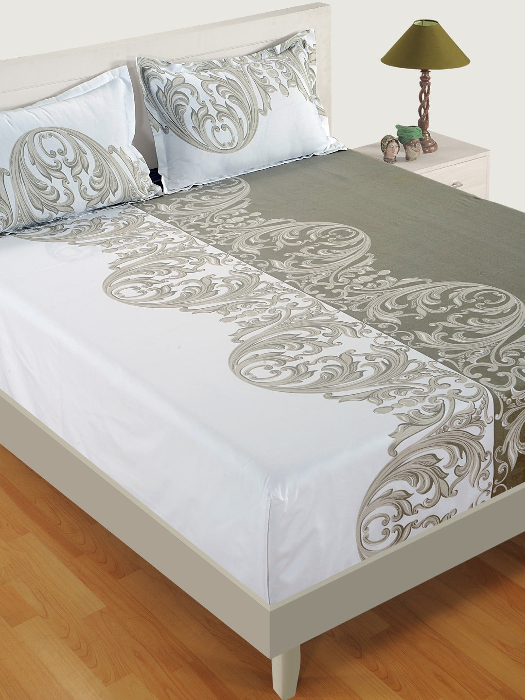 Roman empire bedsheet, ethnic motif bedding, moss green cotton sheets, regal bedroom design, 144TC roto cotton bedspread, abstract swirl pattern, luxury bed linens, historic tapestry sheets, imperial decor textiles, classic elegant duvet cover, soft cotton bedding set, sophisticated bedroom style, Roman aesthetic sheets.