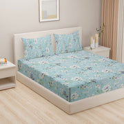 Sky Blue Blossom - Serene Floral 144TC Roto Cotton Bedsheet Set