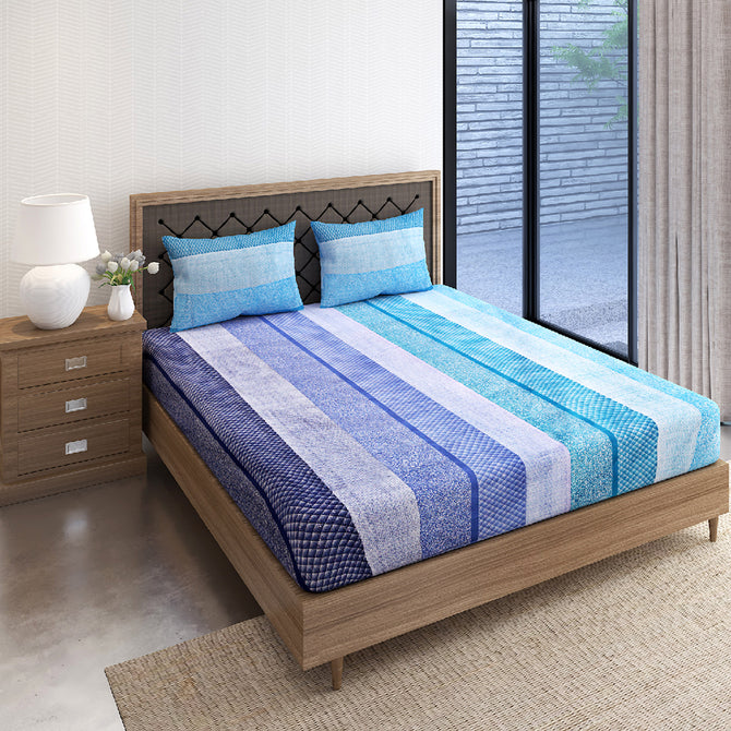 Azure Rhythm - Serene Stripe 100% Cotton Double Bedsheet