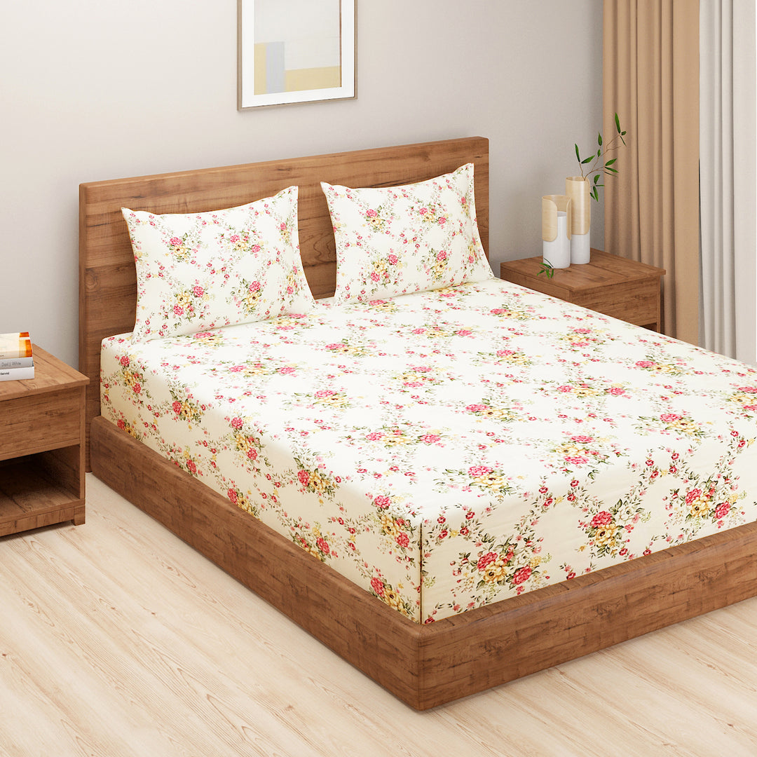 :
"garden-themed bedding, cotton satin sheets, floral bedspread, 250TC cotton bedding, off-white floral comforter, nature-inspired bed set, premium bedding collection, earth tone bedroom decor, luxury floral duvet cover, elegant off-white bed linen."