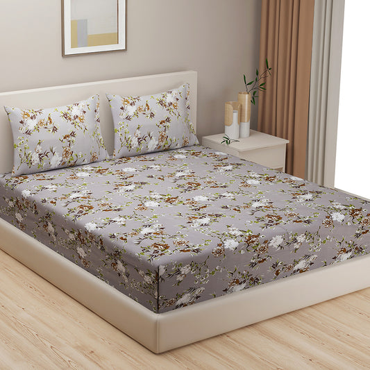 Chrysanthemum Charm 250TC Grey Cotton Satin Bedsheet Set