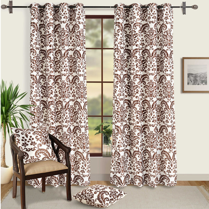 Brown and White Motif Blackout Curtain 140 GSM