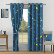 Geometric Elegance curtains, 330GSM blackout curtains, teal blue curtains, abstract geometric curtains, polyester-knitted curtains, modern home decor, vibrant curtains, 90% blackout curtains, fadeproof curtains, durable curtains, ready-to-hang curtains, stylish curtains, contemporary curtains, colorful curtains, light-blocking curtains.
