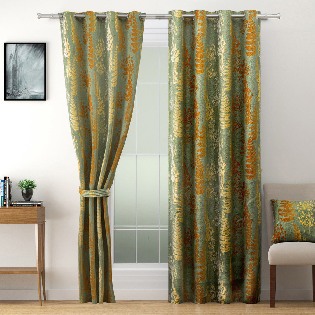 Olive Grove Curtain, Ethnic Motif Curtain, Leaves Print Curtain, 240GSM Polyester Curtain, 80% Blackout Curtain, Olive Green Curtain, Traditional Floral Curtain, Shrinkage Free Curtain, Fadeproof Curtain, Ready-to-Use Curtain, Swayam Curtains
