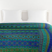 Bohemian cotton bedsheet, Exotic pattern bedding, Jewel-tone bedroom decor, Intricate design bedsheets, Luxury boho bed linen, Artistic cotton bedspread, Vibrant blue green bedsheet, Traditional motif bed cover, Rich patterned textile, Eclectic bedroom style, Ornamental bed decor, Indigo and emerald bedding, Old-world charm bedsheet, Mystical bedroom design, Bohemian sanctuary linen