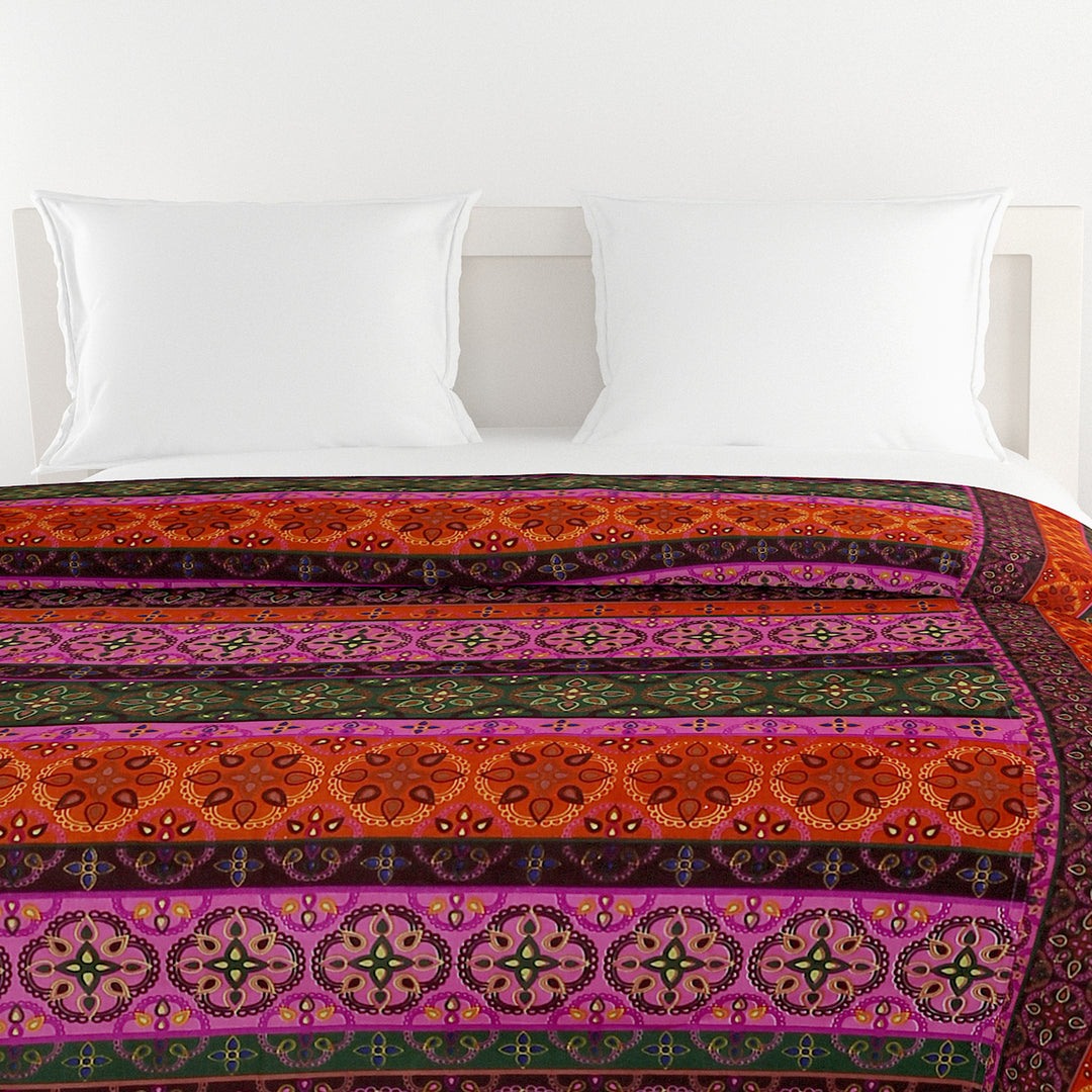 Ethnic cotton bedsheet, 200 thread count, vibrant bed linen, bohemian bedroom decor, artisanal bedding, mix and match patterns, gemstone hues bedspread, red orange green blue bedding, multicultural design, small print textiles, handcrafted look, pure cotton comfort, bright bedroom aesthetics, eclectic home style.