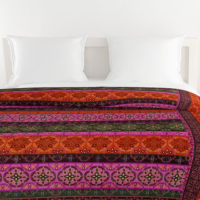 Ethnic cotton bedsheet, 200 thread count, vibrant bed linen, bohemian bedroom decor, artisanal bedding, mix and match patterns, gemstone hues bedspread, red orange green blue bedding, multicultural design, small print textiles, handcrafted look, pure cotton comfort, bright bedroom aesthetics, eclectic home style.