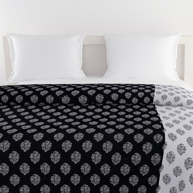 Black and white bedsheet, 200TC cotton set, ethnic buti print bedding, mix and match bedspread, classic cotton sheets, off-white ethnic pattern, complementary duo bed linens, small pattern bedroom design, modern traditional bed decor, artisanal print bed set, chic cotton comfort, sophisticated home textiles.