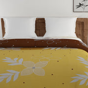 sublime morning bedding, 250TC cotton satin sheets, leafy floral bedspread, yellow and brown bedding set, luxurious cotton satin bed linen, earthy morning design, yellow and brown bedding, serene sunrise bedspread, natural look bedding, high-quality cotton satin bedding, nature-inspired bed linen, stylish bedroom design, elegant bed linen set