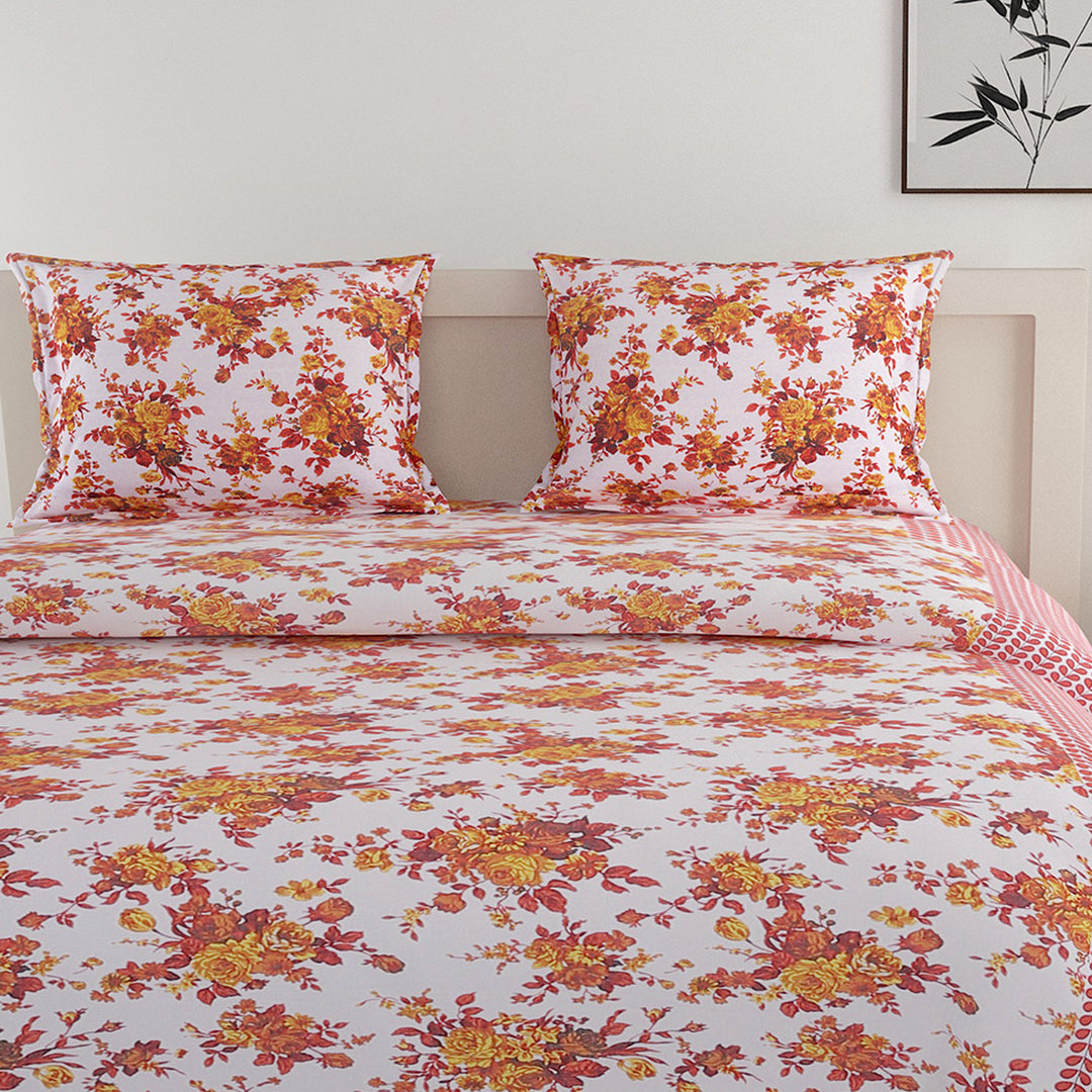 160TC bedding, 100% cotton comfort, vibrant floral print, red floral bedding, yellow accent decor, white cotton sheets, bold bedroom colors, fresh floral design, romantic bedspread, cozy and soft sheets, durable fabric, home decor textiles, bedroom style accents, lively bedroom pattern, cheerful home linen, luxury sleep experience, quality bed linens, statement bedding, botanical bedroom theme, lush floral aesthetic, stylish bed makeover
