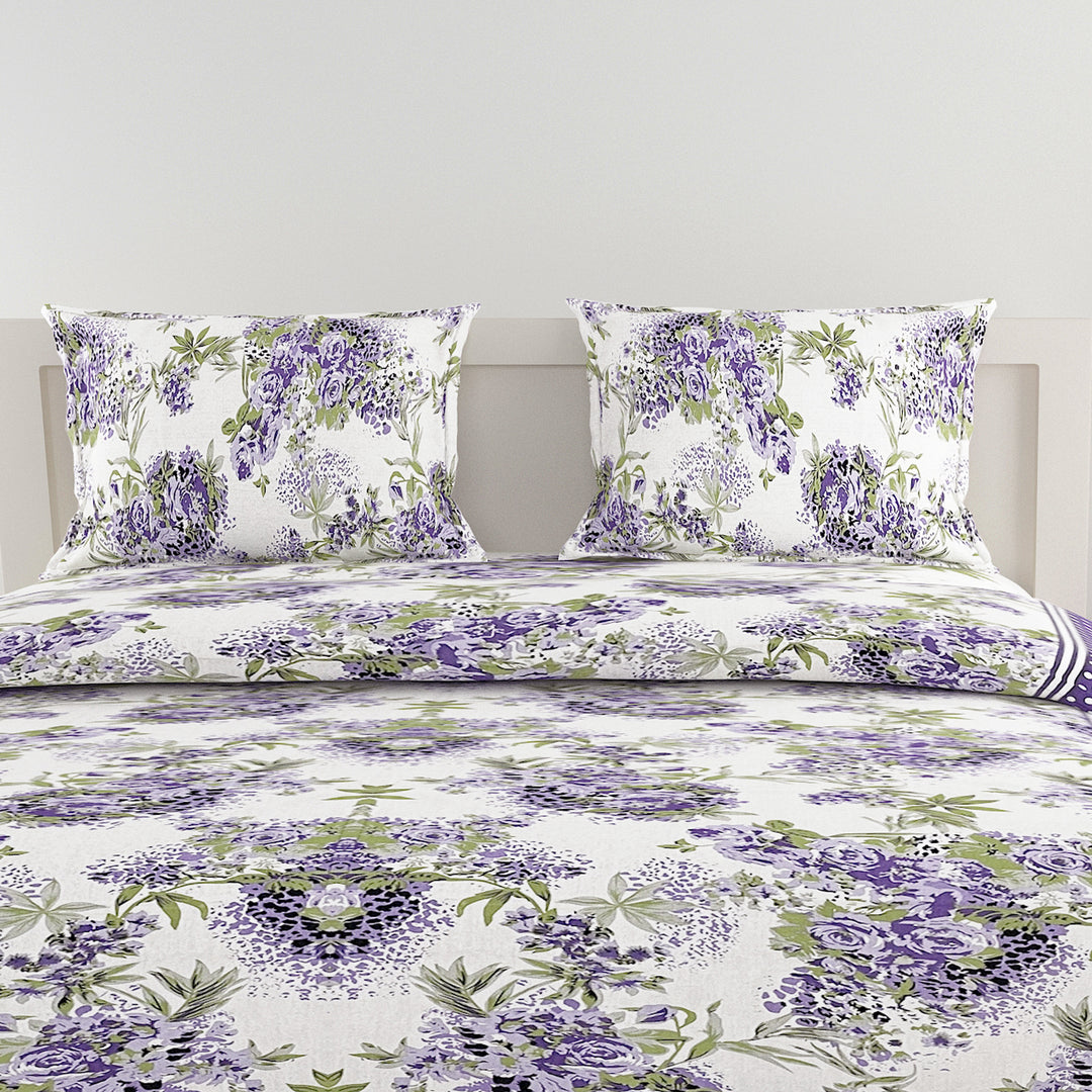 Whispering Lilacs bedding, 160TC purple garden bedspread, floral mix n match sheets, 100% cotton floral bedding, purple white green bedroom, violet grape comforter, luxurious cotton duvet, hypoallergenic floral linen, spring bloom bed set, vibrant bedroom decor, botanical print bedding, serene garden theme, elegant floral patterns, cozy bedroom textiles, high-quality cotton fabric, comfortable and breathable, botanical bedroom aesthetics, lilac-inspired bedding collection, nature-themed sleep sanctuary