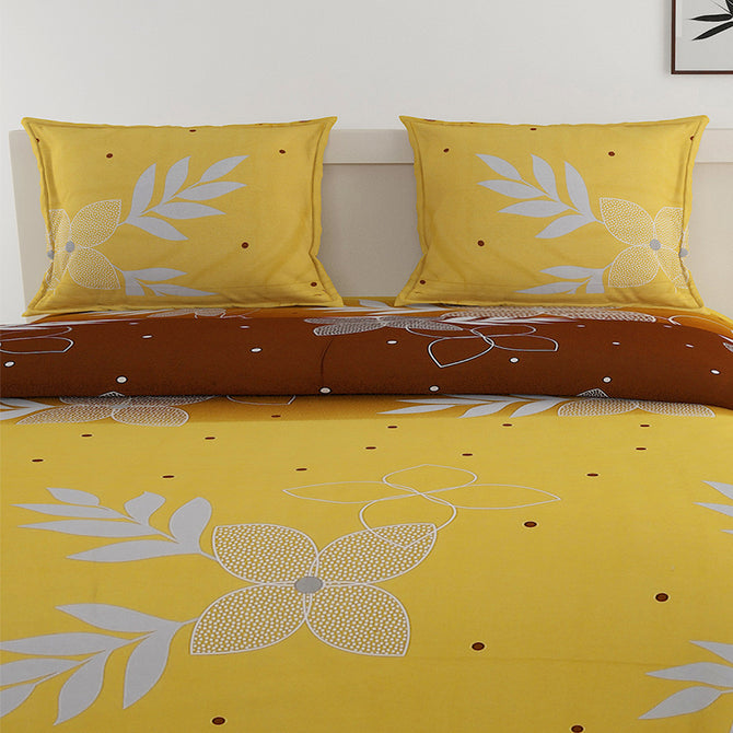 sublime morning bedding, 250TC cotton satin sheets, leafy floral bedspread, yellow and brown bedding set, luxurious cotton satin bed linen, earthy morning design, yellow and brown bedding, serene sunrise bedspread, natural look bedding, high-quality cotton satin bedding, nature-inspired bed linen, stylish bedroom design, elegant bed linen set