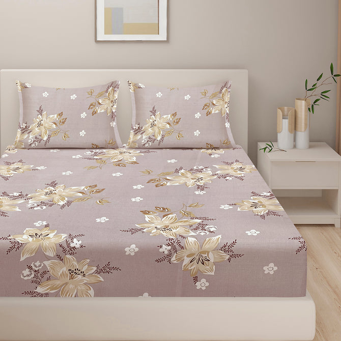 Purple floral bedsheet, beige bloom bedding, 160TC cotton linen, lavender floral pattern, elegant bedroom design, soft purple bedspread, quality cotton sheets, tranquil bedroom decor, sophisticated floral bed linen, luxury comfort bedding, serene night's sleep, premium cotton bed set.