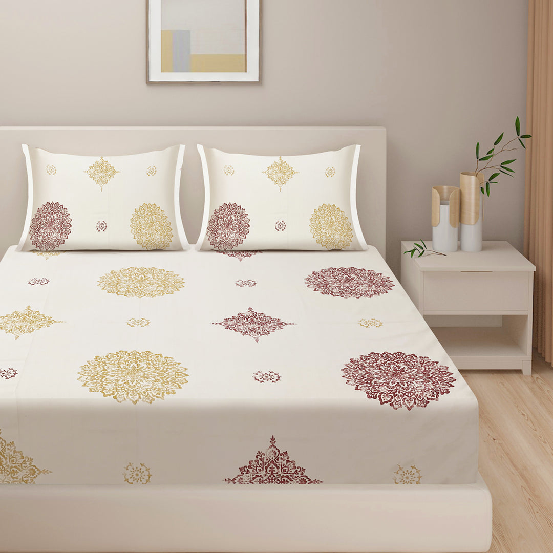 Mandala bedding set, cotton satin duvet cover, 250 thread count luxury, earthy mandala design, brown yellow bedroom decor, off-white mandala comforter, large pattern bedding, hypoallergenic bedspread, mandala satin sheets, elegant motif bed linens.