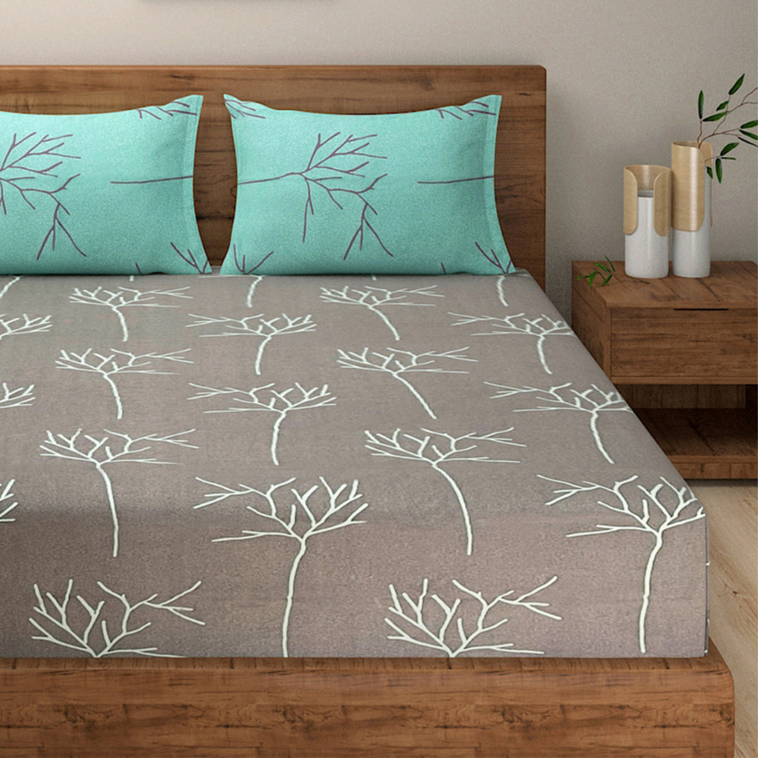 aqua grey cotton bedsheet, winter branch design, serene bedroom bedding, natural motif linen, calming sleep decor, soft cotton comfort, contemporary bedspread design, organic pattern sheets, tranquil nature-inspired bed linen