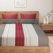 contemporary cotton bedsheet, bold maroon stripe design, modern grey cream bedding, 210 thread count luxury, chic striped bedspread, elegant bedroom stripes, high-quality cotton linen, stylish bed decor, luxurious sleep environment, sophisticated bed pattern