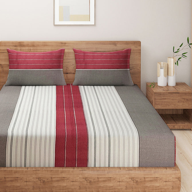 contemporary cotton bedsheet, bold maroon stripe design, modern grey cream bedding, 210 thread count luxury, chic striped bedspread, elegant bedroom stripes, high-quality cotton linen, stylish bed decor, luxurious sleep environment, sophisticated bed pattern