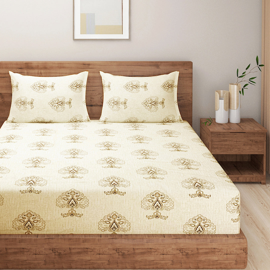 Jaipuri, traditional paisley bedsheet, ethnic motif cotton linen, timeless bedroom design, 210TC brown beige bedding, classic bedspread pattern, cultural rich bed decor, quality cotton sheets, heritage-inspired bed linen, comfortable sleep accessory, elegant traditional style