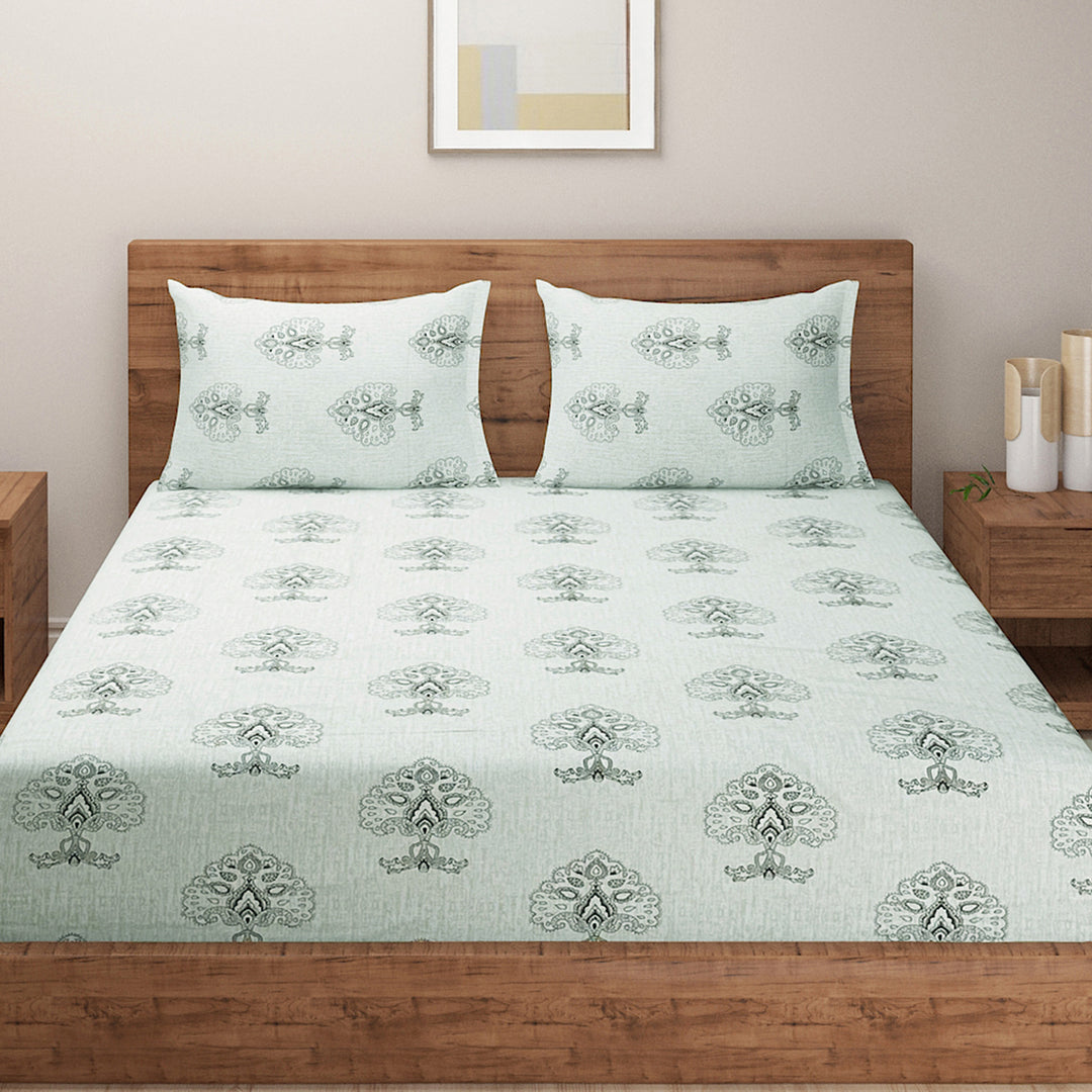 Jaipuri, traditional paisley bedsheet, ethnic motif cotton linen, timeless bedroom design, 210TC  Pastel Green bedding, classic bedspread pattern, cultural rich bed decor, quality cotton sheets, heritage-inspired bed linen, comfortable sleep accessory, elegant traditional style, Indian