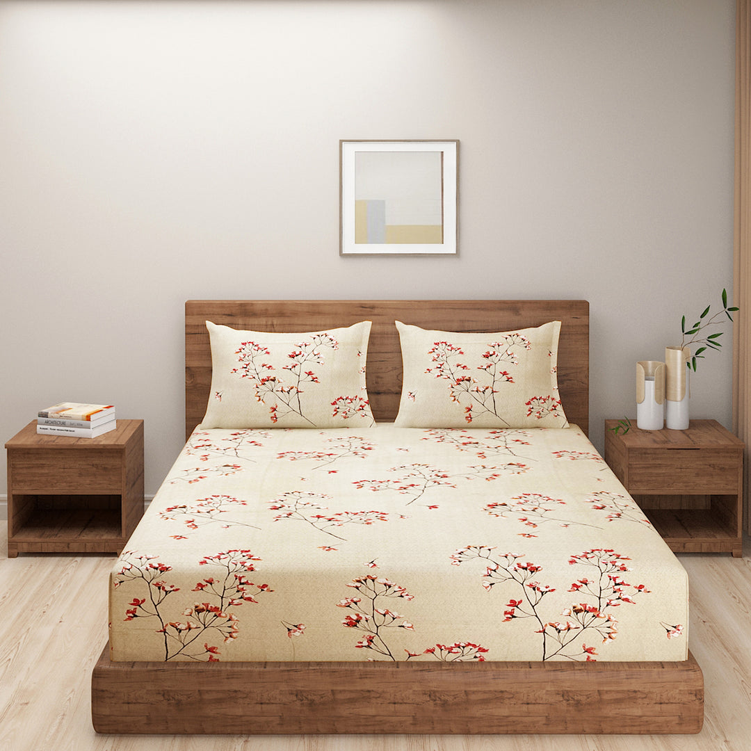 Japanese floral bedsheet, 210TC cotton bedding, traditional blossom design, serene bedroom flowers, Eastern-inspired linens, sophisticated bedspread pattern, peaceful sleep setting, nature-inspired bed decor, cultural home textiles, artistic blossom print, soft cotton comfort, elegant floral bedroom