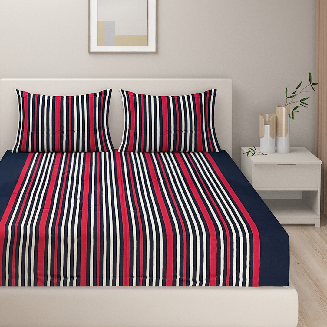 nautical stripe bedsheet, classic cotton bed linen, navy red white stripes, maritime bedroom decor, 200TC cotton sheets, bold striped bedding, crisp bed decor, versatile stripe pattern, breathable cotton bedspread, durable striped bedsheet, stylish bedroom design, clean linear aesthetic