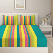 Magical Linea cotton bedsheet, 240TC striped bedding, sea green bedroom linen, yarn-dyed stripe design, coastal vibe bedspread, bright large pattern sheets, sunny yellow stripes, vibrant bed decor, mix and match bed linens, oceanic stripe pattern, luxury seaside bedding