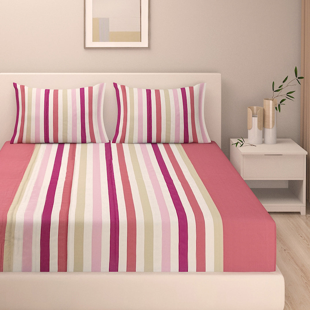 soft blush cotton bedsheet, striped cotton luxury, beauty sleep linen, 240TC elegant bedding, pastel pink stripes, premium yarn-dyed bedsheet, comfortable breathable fabric, chic bedroom decor, sophisticated bedspread design, tranquil sleep sanctuary, plush striped comfort, serene bedroom aesthetic