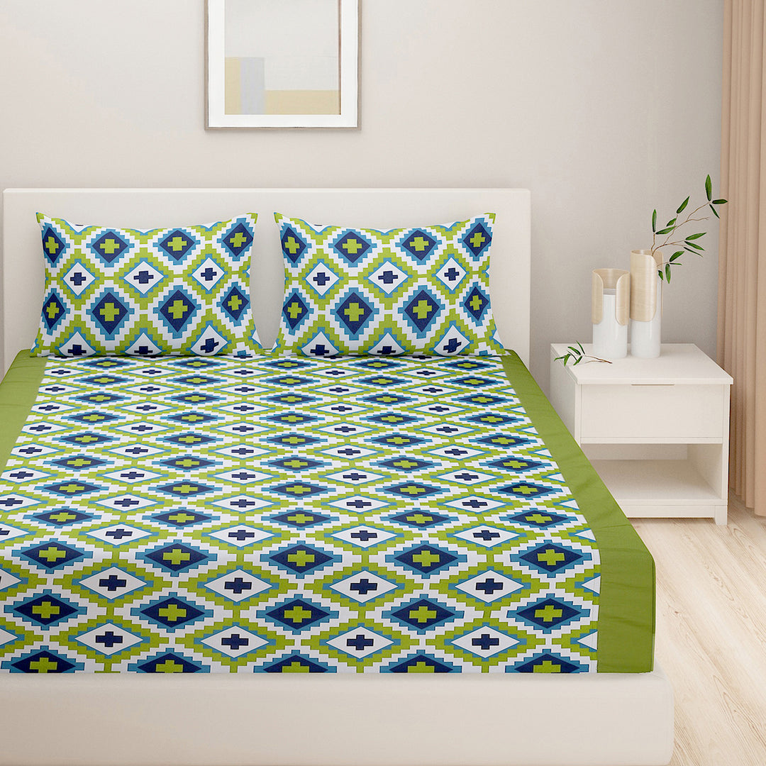 Symmetry in Spring - 200TC Vibrant Green Cotton Bedsheet Set