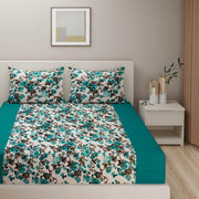 Floral cotton bedsheet set, 200TC bedding, multicolour bed linens, teal and white bedroom design, large pattern sheets, botanical bedspread, vibrant cotton comfort, garden-inspired duvet cover, bright floral textiles, luxury cotton sleep, nature-themed bedroom style, teal bloom pattern.