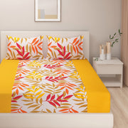 Autumn leaves bedsheet set, 200 thread count cotton sheets, abstract floral bedding, yellow and orange bedroom decor, seasonal pattern bedspread, vibrant cotton bed linens, fall-inspired duvet cover, colorful bedroom textiles, artistic bedding collection, cozy autumnal bed decor