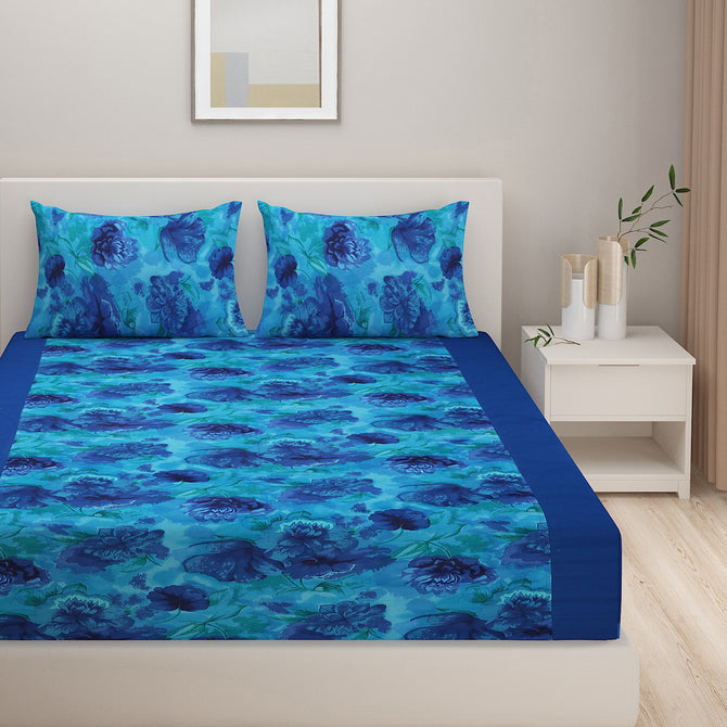 Blue valentine bedsheet set, ocean-themed cotton bedding, 200 thread count luxury sheets, nautical floral bed linens, deep blue bedspread, marine life bedroom decor, elegant floral pattern sheets, romantic bed set, serene ocean bedding, navy blue cotton comfort, underwater botanical design.