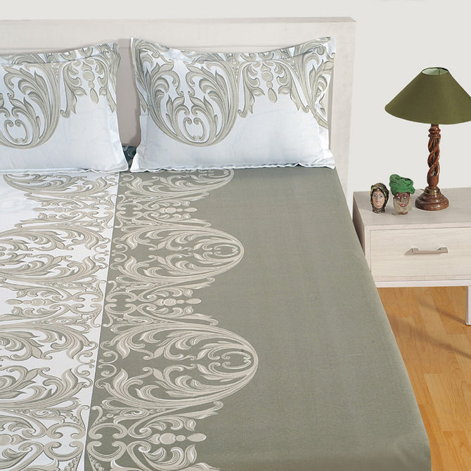 Roman empire bedsheet, ethnic motif bedding, moss green cotton sheets, regal bedroom design, 144TC roto cotton bedspread, abstract swirl pattern, luxury bed linens, historic tapestry sheets, imperial decor textiles, classic elegant duvet cover, soft cotton bedding set, sophisticated bedroom style, Roman aesthetic sheets.