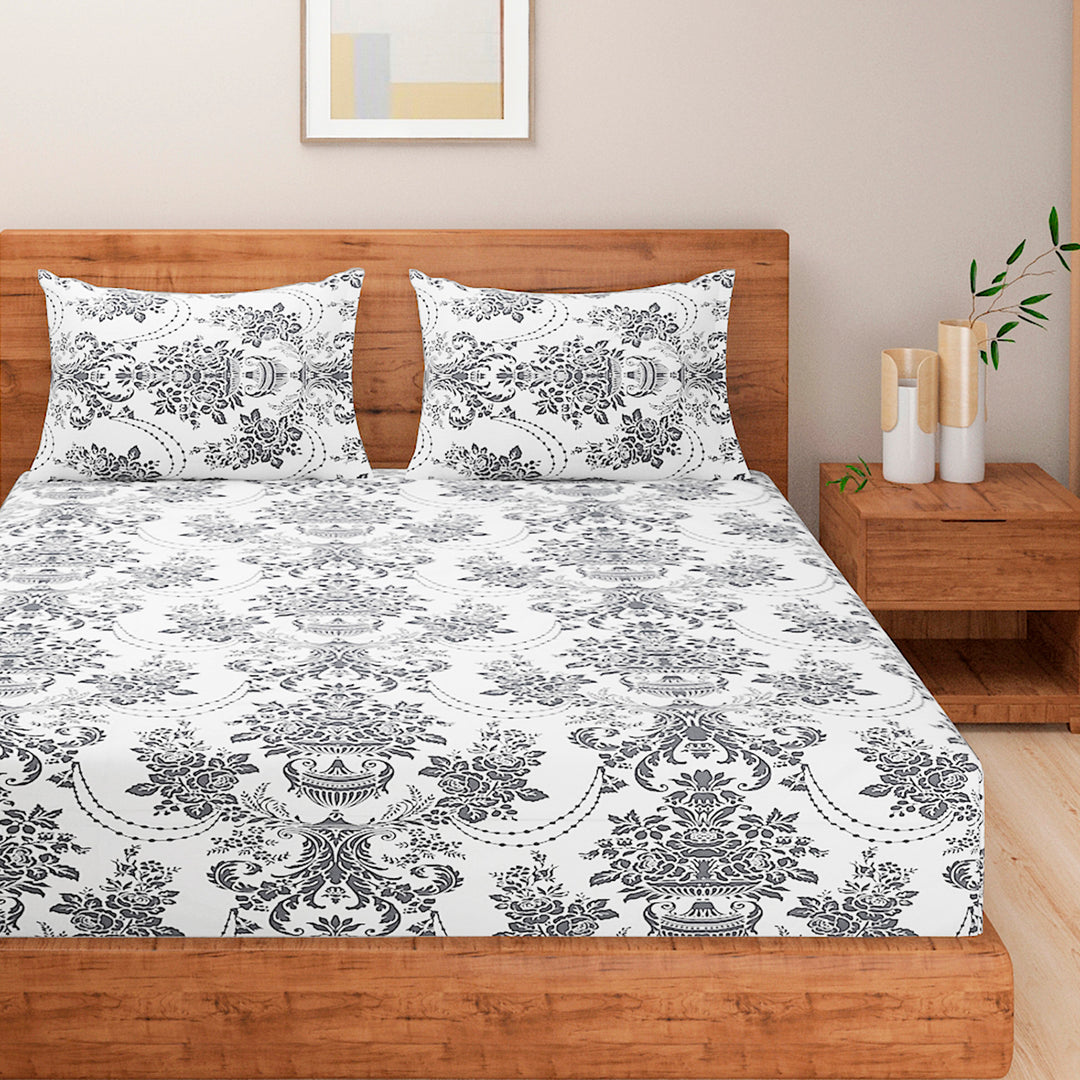 dark grey floral bedding, ethnic floral bedding set, 144TC roto cotton sheets, sophisticated bedroom design, elegant Indian motif bedding, luxury grey floral linens, premium ethnic bedspread, large pattern floral bedding, monotone bedding set, high-quality cotton bed linens